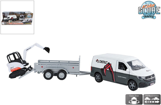 Kids globe die cast pull back vw transporter met minigraver