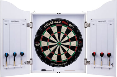 Engelhart dart cabinet hout wit – sisal dartbord – 6 steeltip darts 18 g – marker wisser – wedstrijdbord – beschermt muur en dartbord – longfield
