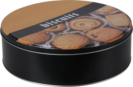 Excellent houseware koektrommel voorraadblik biscuits - metaal - zwart bruin - 22 x 6.5 cm
