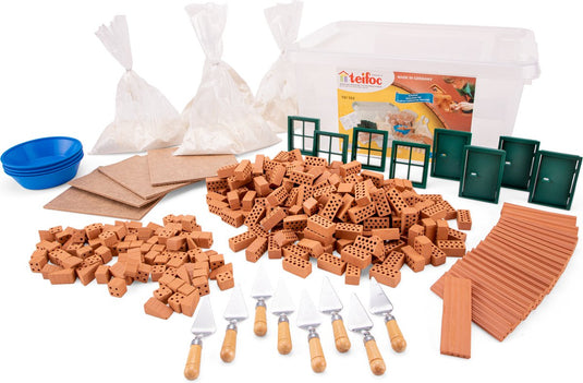 Teifoc ® bouwdoos – groepsset – 320 onderdelen – echte mini bakstenen met cement, kom en troffel – bouwpakket voor kinderen vanaf 6 jaar