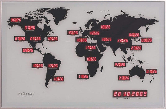 Nextime world time digit – wandklok – 55 × 36 cm – aluminium – rood