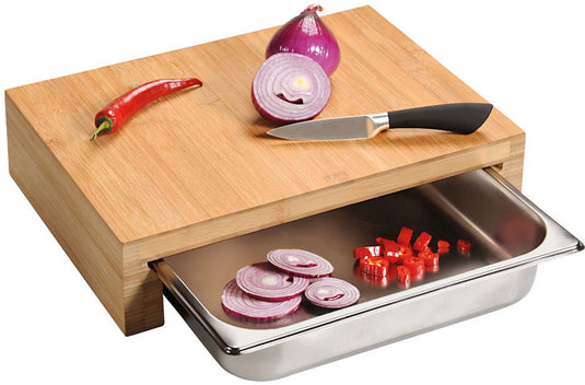 Kesper fsc® bamboe houten snijplank met 1 rvs lade - 2in1 verhoogde snij plank met 1 rvs uitschuifbare laden aan de voorkant (opvangbakken) - afm. 37.5 x 27.5 x 9.5 cm.