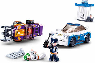 Sluban politie achtervolging met sleepwagen bouwspeelgoed kinderen vanaf 6 jaar – constructiespeelgoed modelbouw politie set – bouwdoos met 264 bouwstenen en 2 minifiguren – m38-b0825