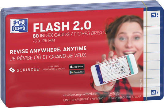 Oxford flash 2.0 - flashcards - gelijnd - a7 - blauw rand - 80 stuks