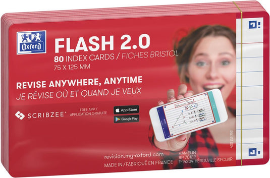 Oxford flash 2.0 - flashcards - gelijnd - a7 - rode rand - 80 stuks