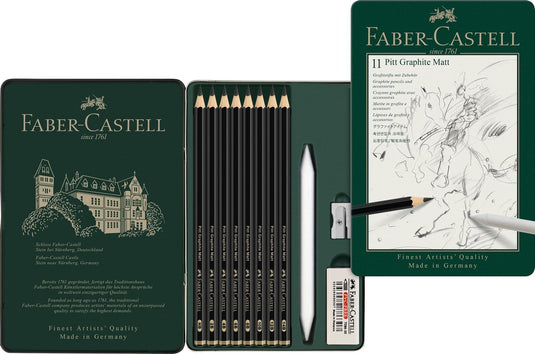 Faber-castell grafietpotloden set - pitt mat - 8 stuks + gum + doezelaar + puntenslijper - matzwart - fc-115220