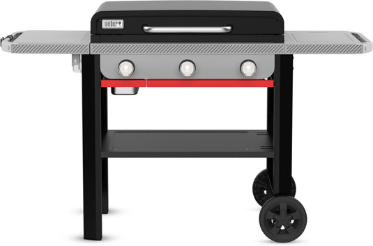Weber slate plancha - 71 cm bakplaat - gasbarbecue - 3 branders - zwart - 2 robuuste wielen - 2 inklapbare zijtafels - 2 gereedschapshaken - deksel voor bescherming - bereikt tot 260 °c - porselein geëmailleerde bakplaat met anti-aanbaklaag