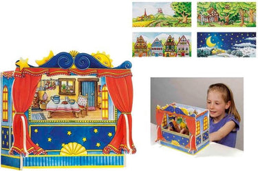 Goki poppentheater - vingerpoppen - met 5 verwisselbare decors - 28x20x25cm - hout