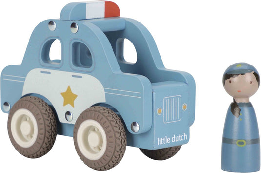 Little dutch houten politiewagen speelgoedauto blauw met poppetje.