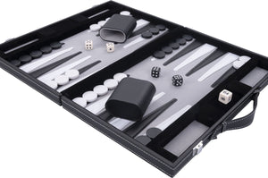 Longfield backgammon 11 inch - grijs, zwart wit gestikt bord - kunstlederen koffer met handvat - engelhart