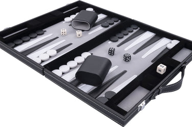 Longfield backgammon 11 inch - grijs, zwart wit gestikt bord - kunstlederen koffer met handvat - engelhart