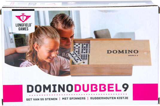 Engelhart domino dubbel 9 groot – 55 domino stenen met zwarte ogen spinners – inclusief houten kist met schuifdeksel –
