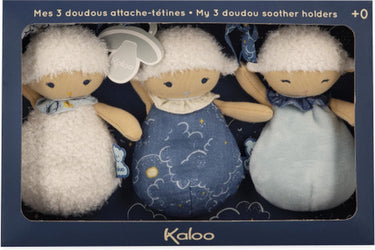 Kaloo doux sommeil - 3 schaapjes doudou knuffeldoekjes - drie schapen fopspeenhouders met elk hun eigen bijzonderheid en kleur, zodat baby het als knuffel kan gebruiken maar ook kan de fopspeen bevestigd worden aan het fijne lint