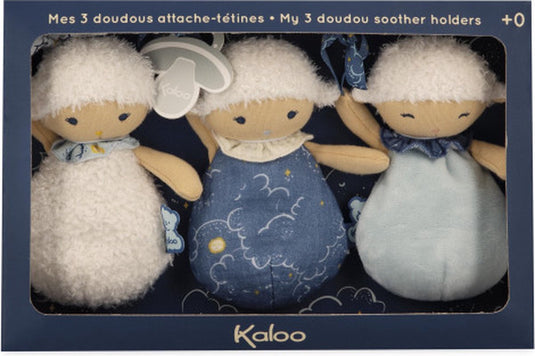 Kaloo doux sommeil - 3 schaapjes doudou knuffeldoekjes - drie schapen fopspeenhouders met elk hun eigen bijzonderheid en kleur, zodat baby het als knuffel kan gebruiken maar ook kan de fopspeen bevestigd worden aan het fijne lint
