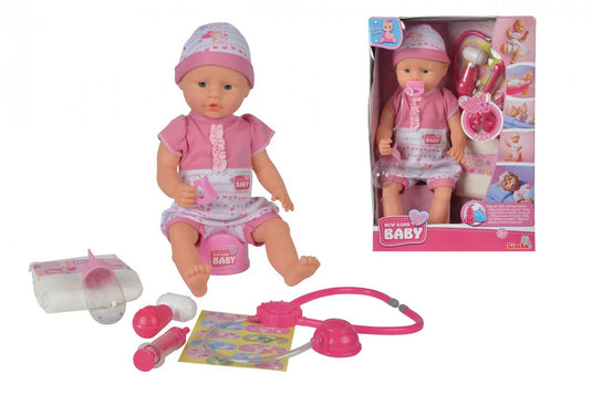 Simba new born baby - babypop met doktersaccessoires - stethoscoop met geluid - drink en plasfunctie - 38cm - babypop