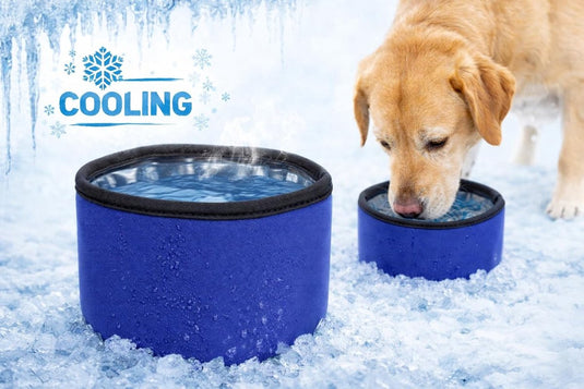 Flamingo voerbak hond - drinkbak hond - fresk rond blauw - verkoelende reis drinkpot met gelvulling - 16 cm