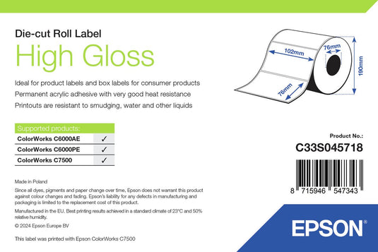 Epson high gloss label - die-cut roll: 102mm x 76mm, 1570 labels