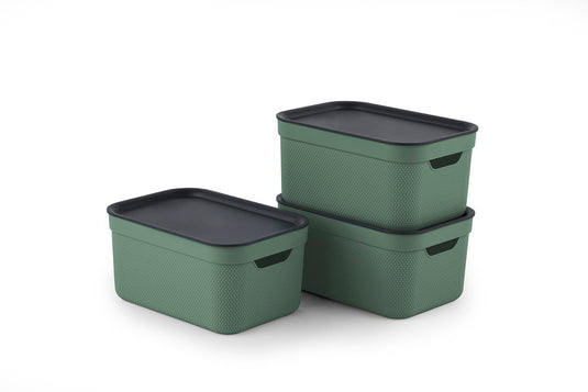Rotho jive opbergboxen set van 3 opbergdozen 5 l met deksel, kunststof (pp gerecycled), groen antraciet, 3 x 5 l (26,5 x 18,5 x 13,2 cm