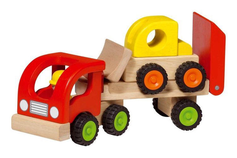 Load image into Gallery viewer, Goki houten voertuig: oplegger met bulldozer 34x8,5x12,5cm, met rubberen banden, 2+
