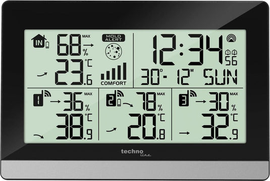 Nextime weerstation technoline ws 7065 144x96x38mm zwart zilver met 3 buitensensors 30m