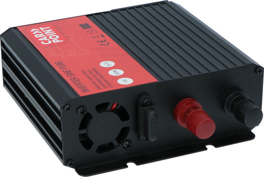 Carpoint omvormer - 12v>230v - zuivere sinus - continu vermogen 300w - piekvermogen 600 watt – uitgang frans belgisch stopcontact - aansluiting op accu met accuklemmen - schokbestendig - temperatuur geregelde koelventilator – afmeting 150x130x53mm