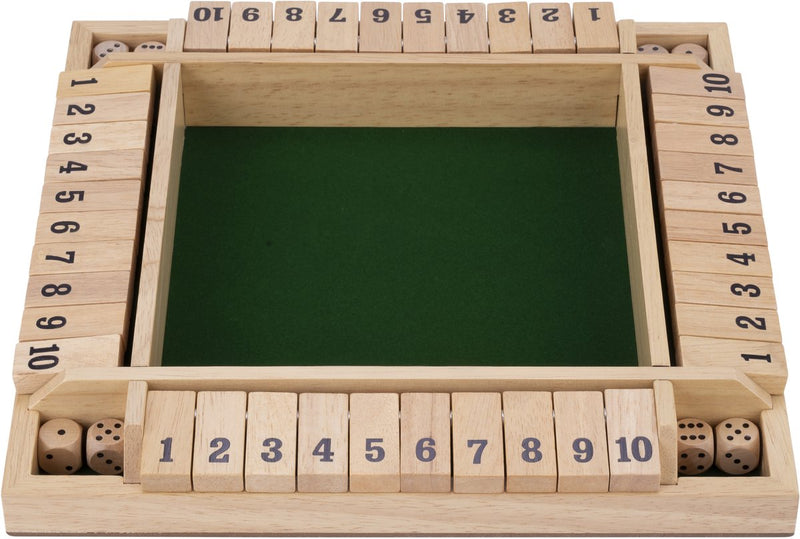 Load image into Gallery viewer, Longfield shut the box – 4 spelers – rubberhouten bak met ingelegd vilt – inclusief 8 houten dobbelstenen – bordspel 29 x 29 x 3,5 cm – strategisch familiespel – engelhart
