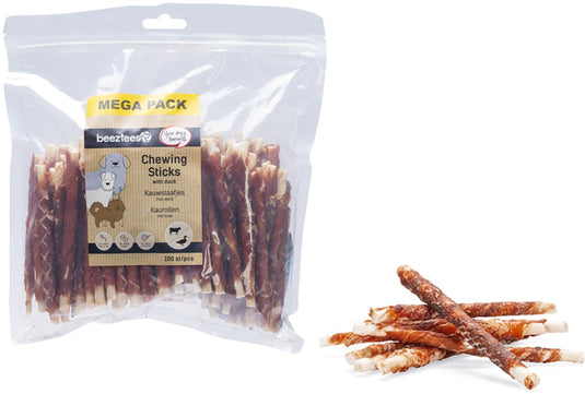 Beeztees kauwstaaf eend 100 stuks - 12,5 cm - mega pack - hondensnacks - kauwstaafjes hond - rund met eendsmaak