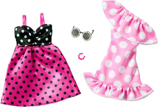 Mattel barbie 2-pack kleding outfit en accessoires - 2 zomerse stippeljurken, zonnebril en armband