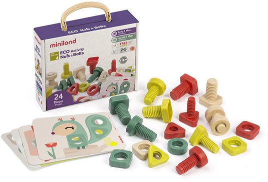 Miniland bouten en moeren - 23x19x8cm - 24 delen - met 4 voorbeeldkaarten - 2 jaar
