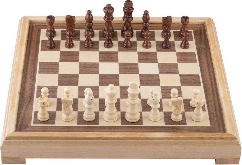 Load image into Gallery viewer, Engelhart schaakset 40x40 cm – luxe houten schaakbord ingelegd esdoorn walnoot fineer – koning 77 mm – met opbergsysteem – inclusief colourbox – houten schaakstukken bord –
