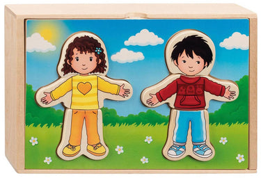 Goki houten aankleedpuzzel jongen en meisje in houten box, 36st.