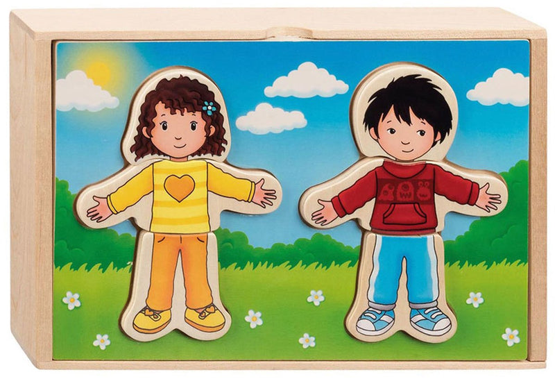 Load image into Gallery viewer, Goki houten aankleedpuzzel jongen en meisje in houten box, 36st.
