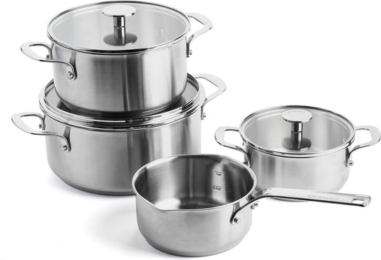 Kitchenaid stainless steel kookpannenset 7-delig - 16 20 24cm - 1.5 3.1 4.8l - pfas-vrij - rvs pannenset - pannenset inductie - ovenbestendig tot 220°c - met glazen deksel - zilver