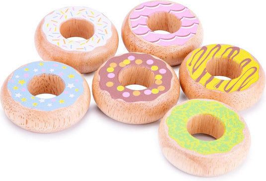 Woet ® houten speelgoed donut set - 6 kleurrijke donuts van beukenhout - speelgoedeten voor kinderen - rollenspel keukenspeelgoed - vanaf 2 jaar