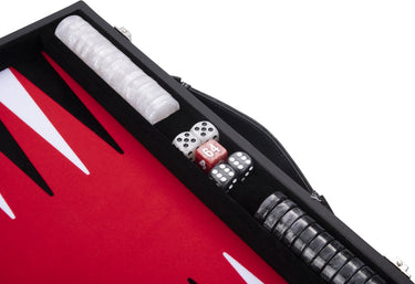 Engelhart backgammon 15 inch - rood, zwart wit ingelegd bord - luxe kunstlederen koffer met handvat -