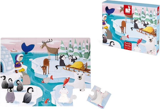 Janod voelpuzzel - het leven op de ijsschots - reuze 20-delige puzzel van stevig karton, met 7 stukjes met texturen - inclusief poster - geschikt vanaf 2 jaar
