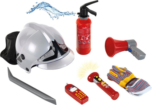 Klein toys 7-delige brandweerset - brandblusser, zaklamp, helm, handschoenen, koevoet, megafoon, mobiele telefoon - incl. 0,5 l watertank - multicolor