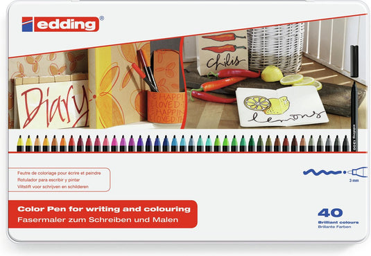 Edding 1300 40 s teken- viltstiften set - 40 stuks in verschillende kleuren - ronde punt 2 mm - prachtig om cadeau te geven - inkt op waterbasis - voor schrijven, schetsen en lay-outs op lichtgekleurd papier