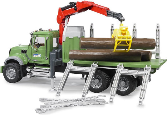 Bruder mack granite houttransportwagen met kraan en 3 boomstammen