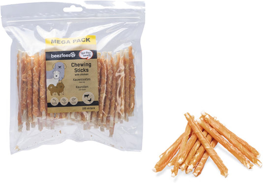 Beeztees kauwstaaf kip 100 stuks - 12,5 cm - mega pack - hondensnacks - kauwstaafjes hond - rund met kipsmaak
