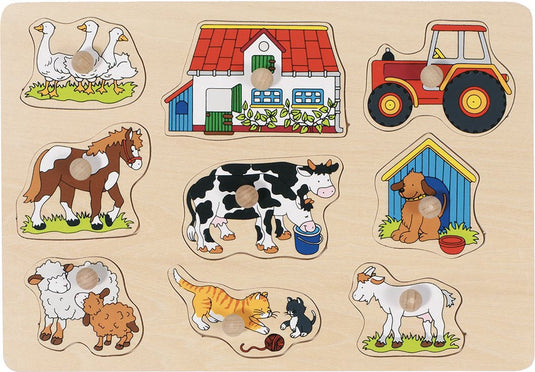 Goki houten noppenpuzzel boerderij, 9st.