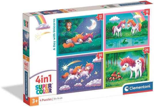 Clementoni - kinderpuzzel 4 in 1 - een dag met eenhoorns - 12, 16, 20 en 24 stukjes - vanaf 3 jaar