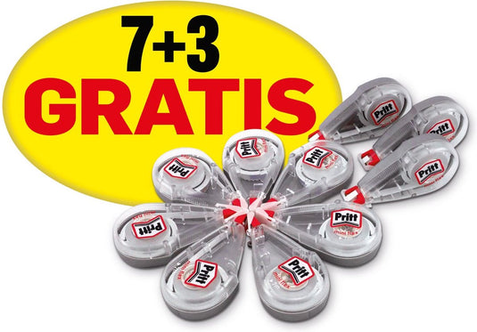 Pritt mini correctieroller set: 10 stuks | extra 3 stuks gratis | breedte van 4,2 mm en lengte van 7 meter | verpakt in handige plastic tas voor gemakkelijk gebruik.