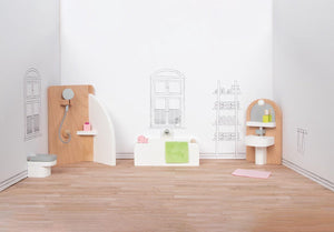 Goki poppenhuismeubeltjes: design badkamer, 10-delig, 11,2x6,2x6cm (bad), beukenhout en stof, 3+