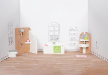 Goki poppenhuismeubeltjes: design badkamer, 10-delig, 11,2x6,2x6cm (bad), beukenhout en stof, 3+