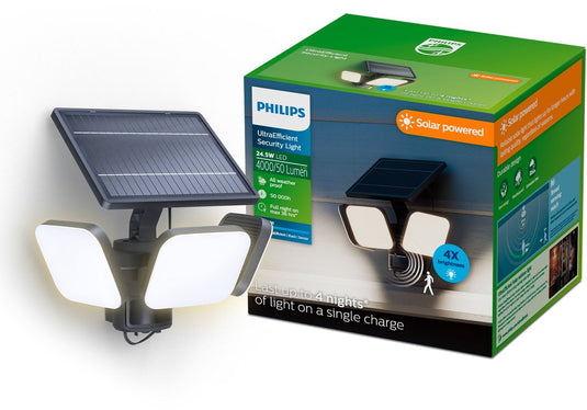 Philips led philips ultraefficient zyren wandlamp - solar beveiligingslamp - floodlight - bewegingssensor - helder wit licht: 5000k - 24,5w - zwart - twee lichtstanden - schemersensor - zonne-energie - waterbestendig