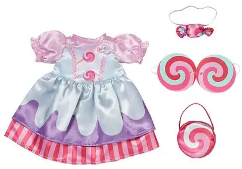 Load image into Gallery viewer, Baby born poppenoutfit kleurrijk snoepjurk 43cm poppenkleding.
