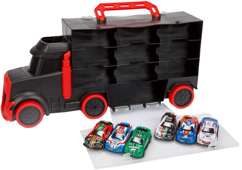 Load image into Gallery viewer, Toi toy turbo racers vrachtwagen met 6 pull-back raceauto's

