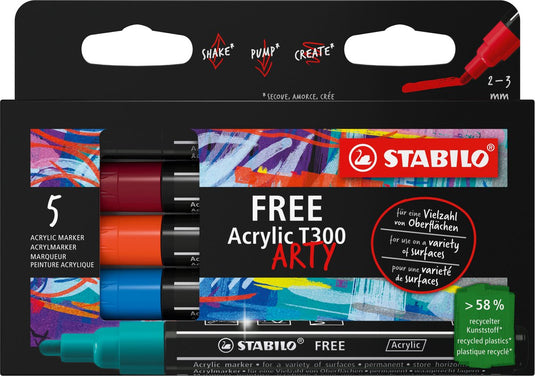 Stabilo free acrylic - acryl marker - t300 urban set - ronde punt 2-3 mm - etui met 5 kleuren