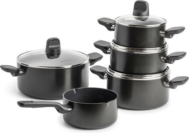 Greenpan memphis kookpannenset 9-delig - 16 18 20 24cm - 1.6 1.6 2.1 3.1 4.9l - pfas-vrije antikleeflaag - inductie kookpan - keramische pan - ovenbestendig tot 160°c - koudgrepen - met glazen deksel - zwart